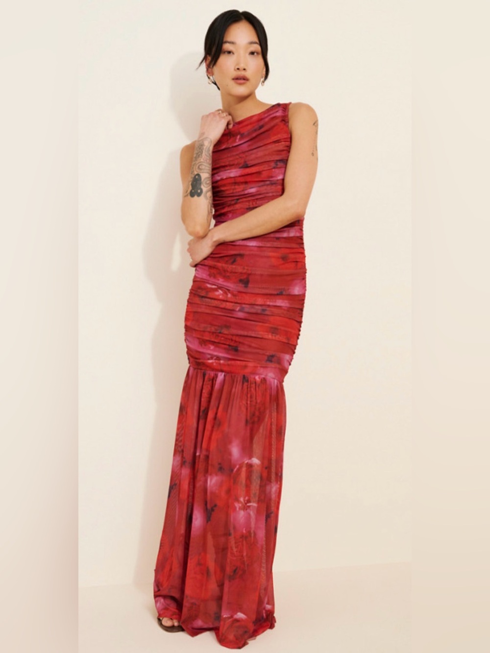 NEW ELLIATT RED FLORAL ELISE MESH RUCHED MAXI DRESS SZ S